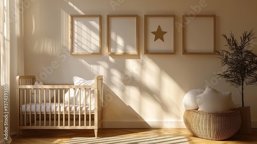 Chic Child's Room Poster: Contemporary Crib with Soft Linens, Star Pillow, Minimalistic Frames, Playful Shadows, Stylish Lamp, and Plush Basket for a Cozy, Serene Nursery Décor