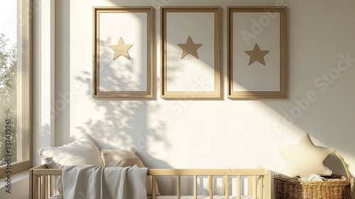 Chic Child's Room Poster: Contemporary Crib with Soft Linens, Star Pillow, Minimalistic Frames, Playful Shadows, Stylish Lamp, and Plush Basket for a Cozy, Serene Nursery Décor