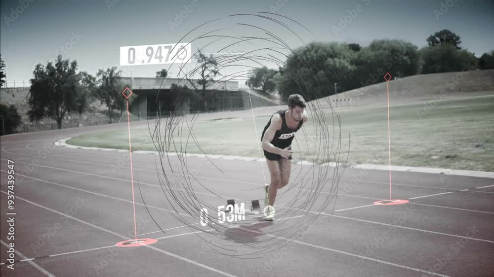 Running athlete on track with distance measurement animation overlay