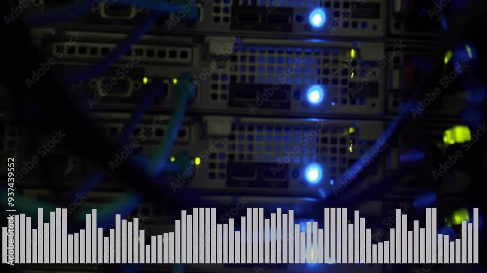 Server rack with blinking lights and sound wave animation at bottom ...