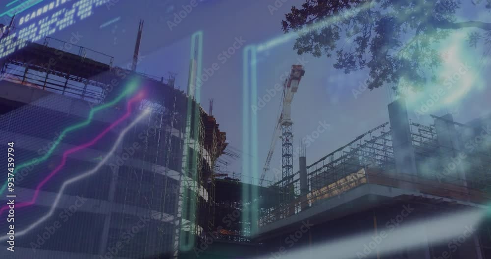 Construction site with cranes and scaffolding over data processing animation Construction site with cranes and scaffolding over data processing animation