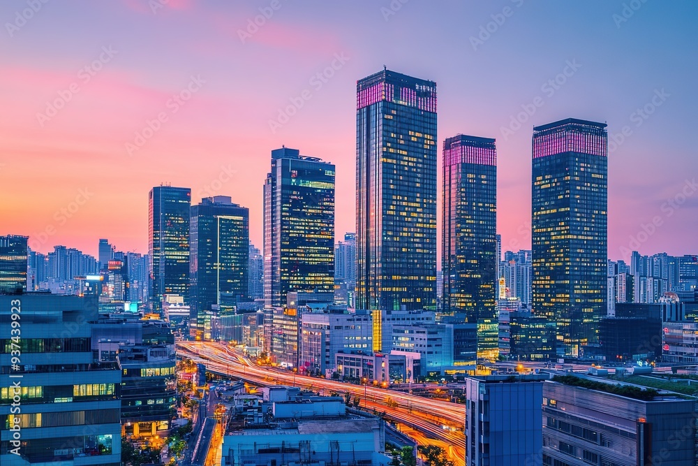 Naklejka premium Modern city skyline at sunset with traffic