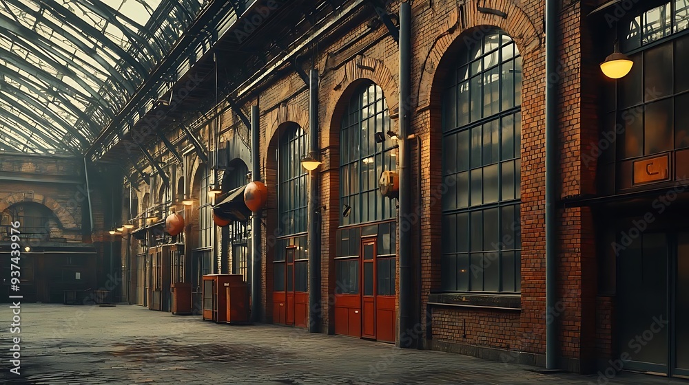 Fototapeta Old Brick Building With Large Windows and Glass Roof, Industrial Architecture, Vintage Interior Design