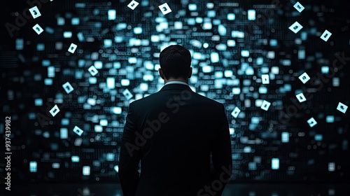 Silhouette of a businessman in despair surrounded by falling stock symbols, depicting the impact of a market crash