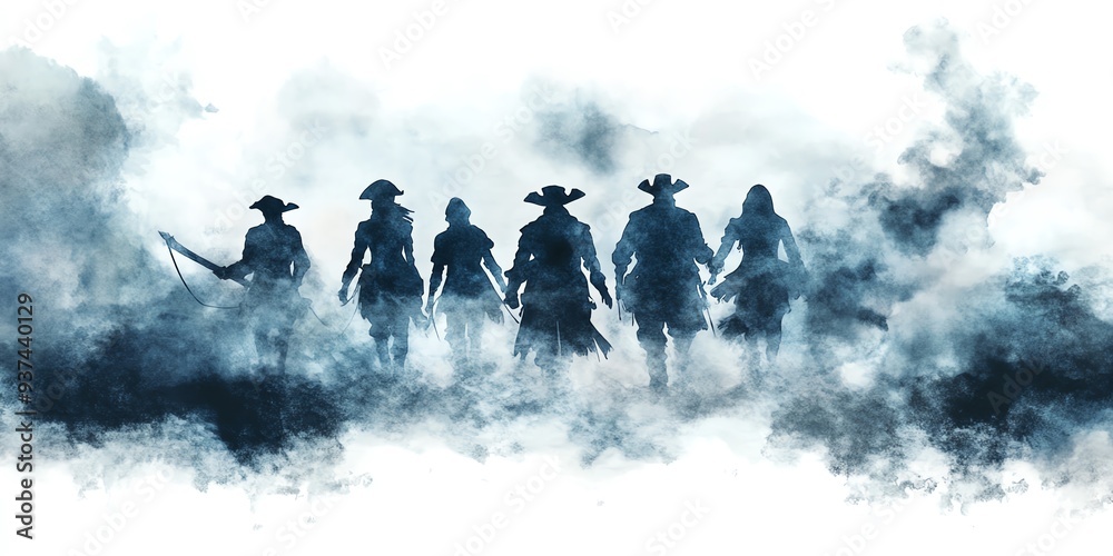 Obraz premium Ghostly pirate crew, emerging from the fog, haunted night, Watercolor style, isolated on white background