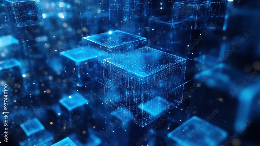 Abstract blue cubes floating in a digital space, representing technology, data, and future innovation. Abstract blue cubes floating in a digital space, representing technology, data, and future innovation.