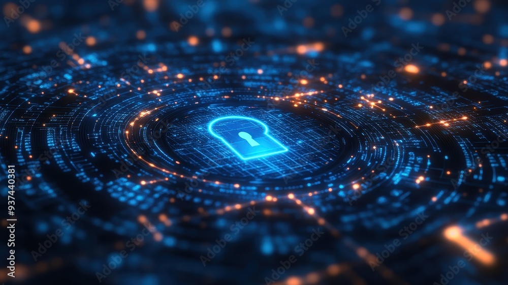 Abstract digital illustration of a secure lock symbol surrounded by glowing circuits, representing cybersecurity and data protection. Abstract digital illustration of a secure lock symbol surrounded by glowing circuits, representing cybersecurity and data protection.
