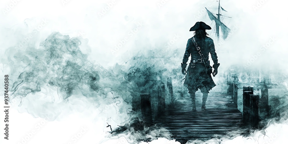 Fototapeta premium Ghost pirate captain, standing on a foggy dock, eerie night, Watercolor style, isolated on white background