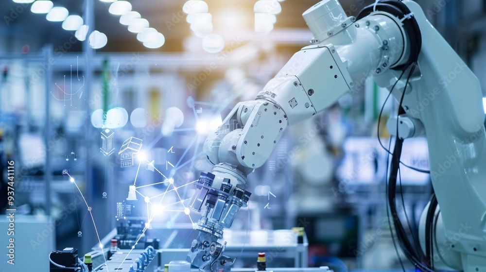 High-tech industrial environment in a smart factory featuring automation, robotics, and innovative manufacturing technology High-tech industrial environment in a smart factory featuring automation, robotics, and innovative manufacturing technology