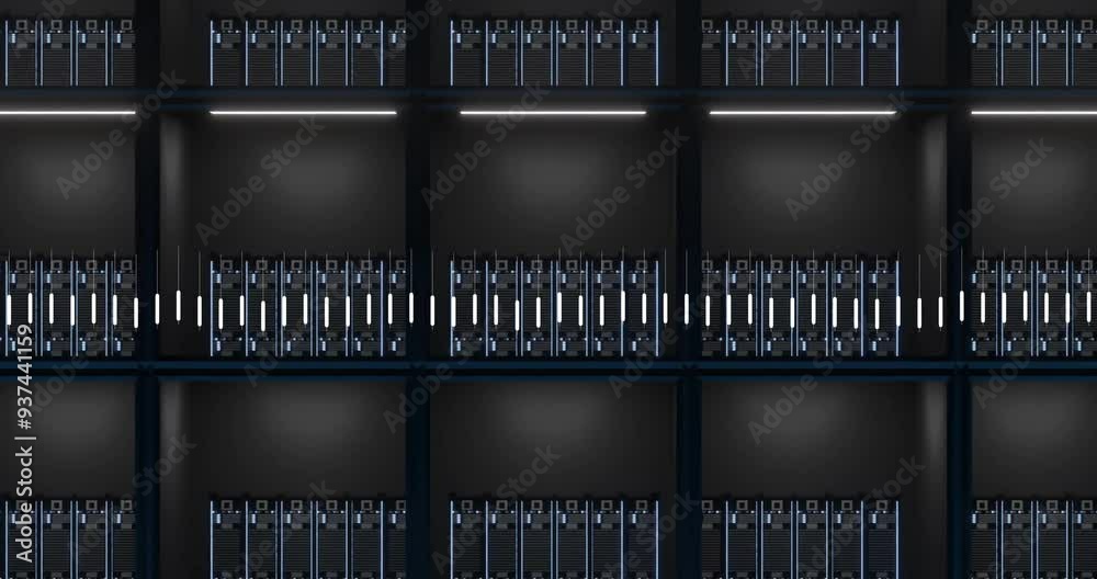 Data processing animation over server racks in data center, showcasing technology Data processing animation over server racks in data center, showcasing technology