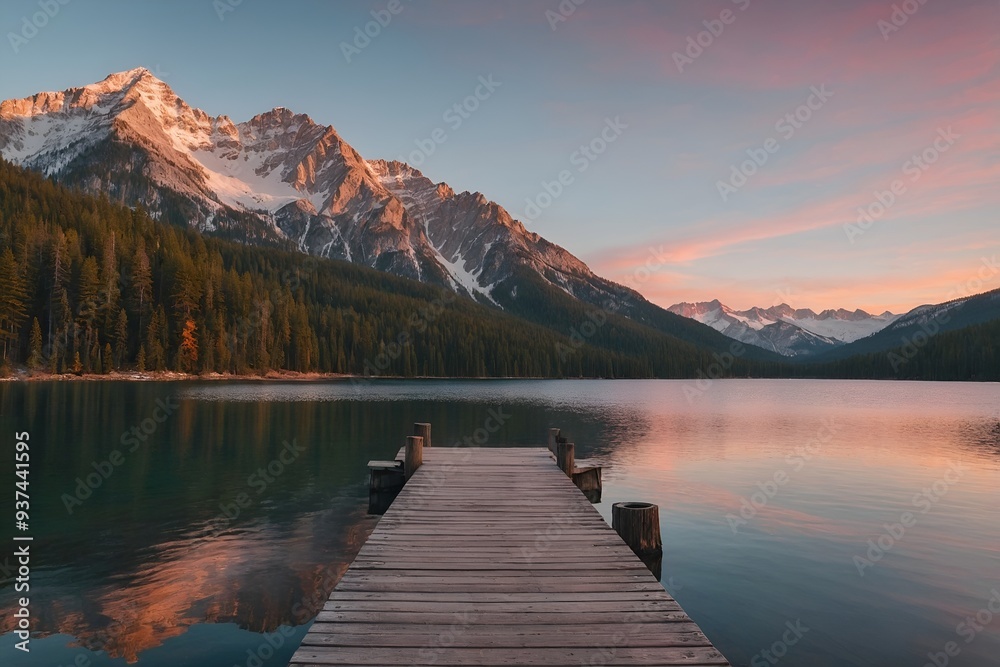 A tranquil mountain lake at sunrise, with calm waters reflecting snow-capped peaks and a dock extending into the serene scene. A tranquil mountain lake at sunrise, with calm waters reflecting snow-capped peaks and a dock extending into the serene scene.