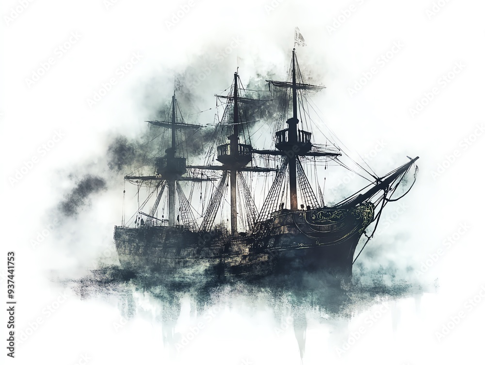 Abandoned pirate ship, haunted by spirits, eerie fog, Watercolor style, isolated on white background Abandoned pirate ship, haunted by spirits, eerie fog, Watercolor style, isolated on white background