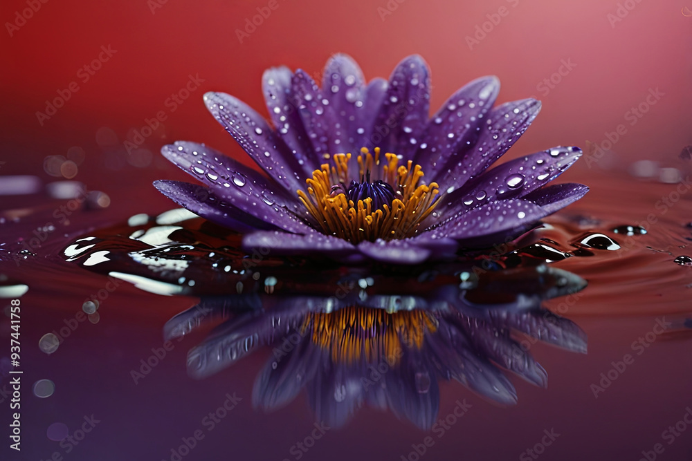 Obraz premium Purple flower with a vibrant red center, surrounded by water bubbles, set against a stunning red and purple background