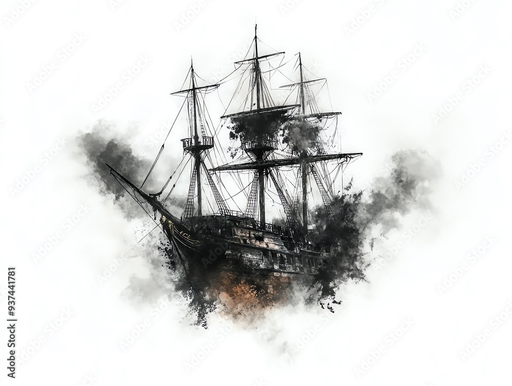Abandoned pirate ship, haunted by spirits, eerie fog, Watercolor style, isolated on white background