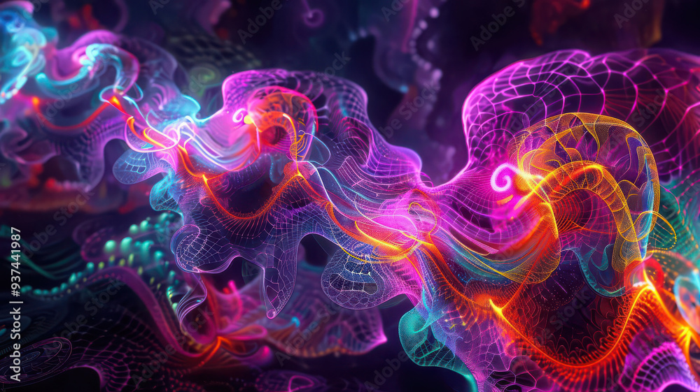 Flowing light paths creating intricate designs, organic and lively, neon colors, digital art Flowing light paths creating intricate designs, organic and lively, neon colors, digital art