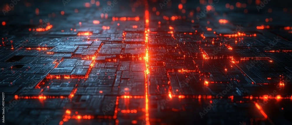 Futuristic digital background featuring glowing red circuitry on a dark textured surface, perfect for technology concepts. Futuristic digital background featuring glowing red circuitry on a dark textured surface, perfect for technology concepts.
