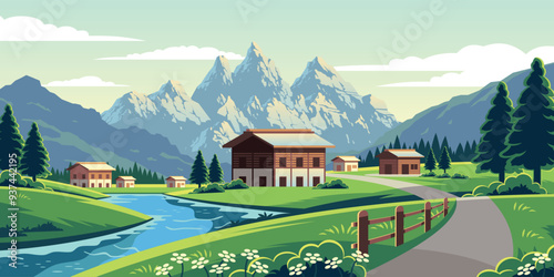 Vector Landscape Of Countryside Mountains Illustration
