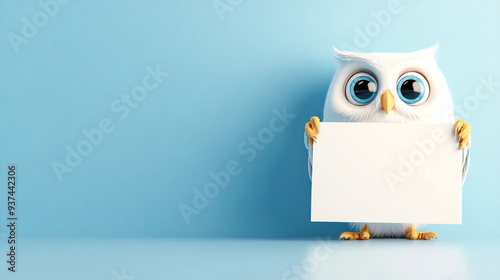 A cute owl holding a blank sign against a blue background, perfect for advertising or educational content. photo