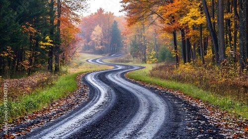 Winding Gravel Road Through Autumn Forest - Photo