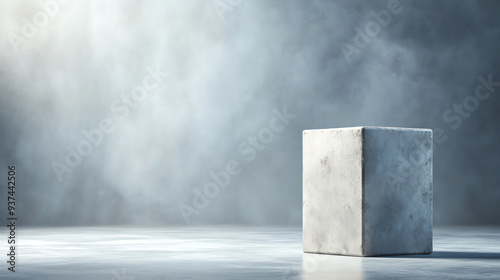 A minimalist concrete cube on a smooth surface, surrounded by soft light and fog, perfect for modern art or abstract themes.