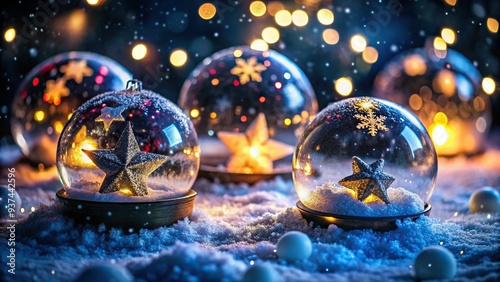 Snow-globe Inspired Whimsical Still Life Winter Wonder Ornaments Sparkling Stars Nighttime 50mm f/2.2 ISO 1600 Bold Colors Velvet Blacks