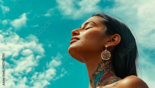 A woman with a tattoo on her neck is wearing gold earrings and smiling