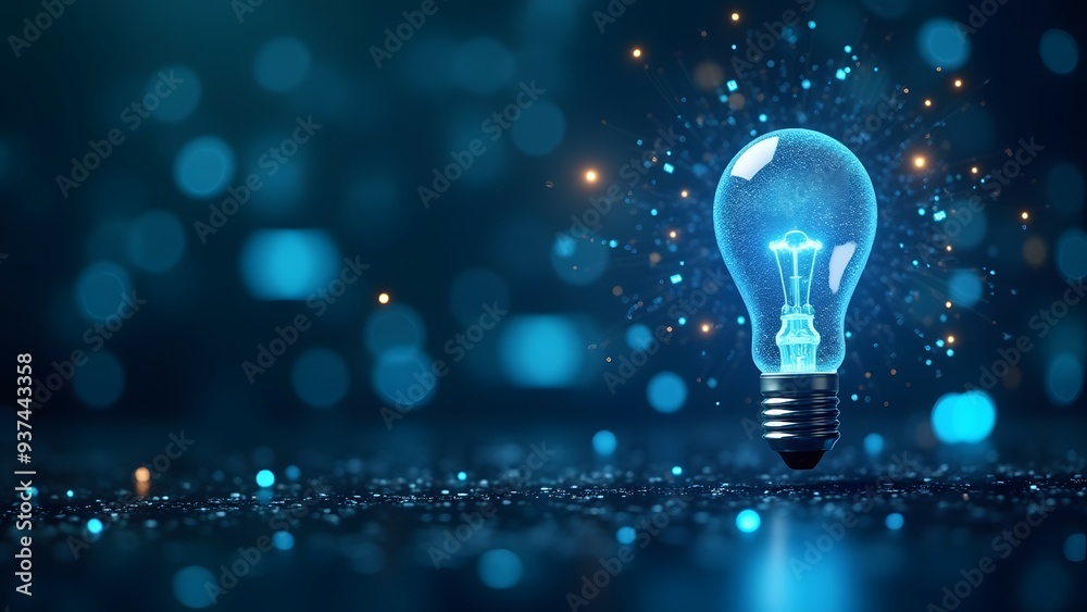 A glowing light bulb with sparkling particles and a blue bokeh background, representing creativity and innovation A glowing light bulb with sparkling particles and a blue bokeh background, representing creativity and innovation