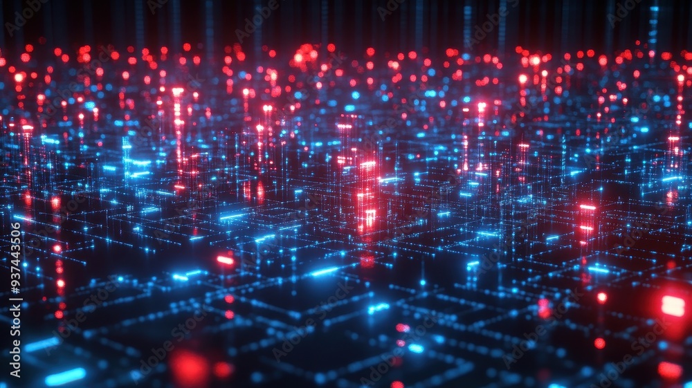 Vibrant digital landscape with glowing blue and red lights, representing technology and innovation in a cyber environment. Vibrant digital landscape with glowing blue and red lights, representing technology and innovation in a cyber environment.