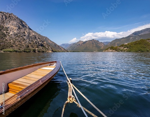 boats floating on calm waters, with beautiful natural backgrounds, such as mountains, forests, or clear skies photo