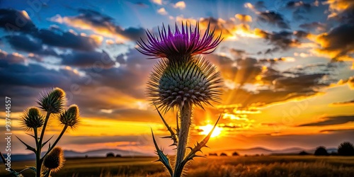 Dramatic thistle sunset vivid colors high contrast silhouette strong shadows majestic atmosphere eye-level shot graduated neutral density filter panoramic format epic concept photo