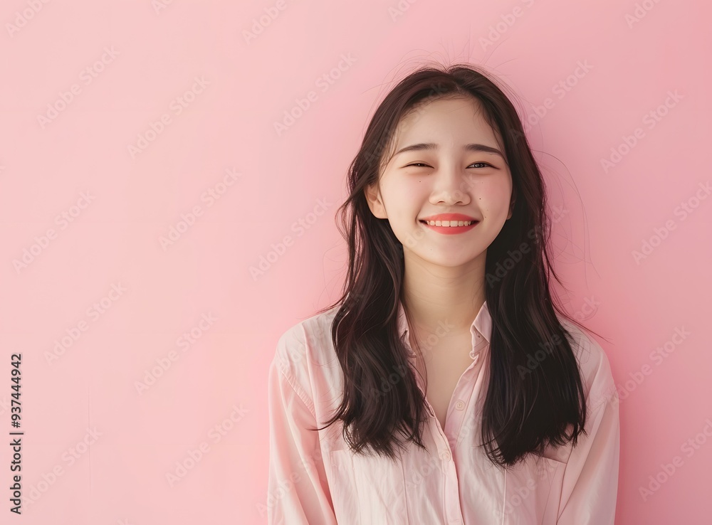 Smiling Asian Woman in Pink Shirt Against Pink Wall Smiling Asian Woman in Pink Shirt Against Pink Wall