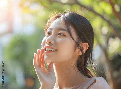 Happy Young Asian Woman Smiling Outdoors