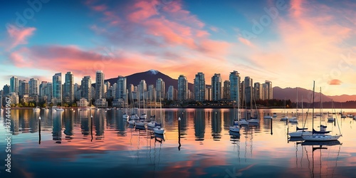 A panoramic view of the city skyline, showcasing iconic landmarks like Robson Street and reflections in the water during sunset.The bustling harbor with sailboats is visible on the right side. photo