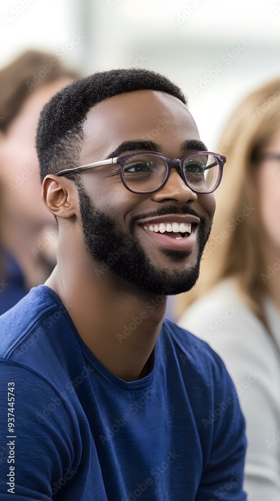 Obraz premium Smiling Man Wearing Glasses and Blue Shirt