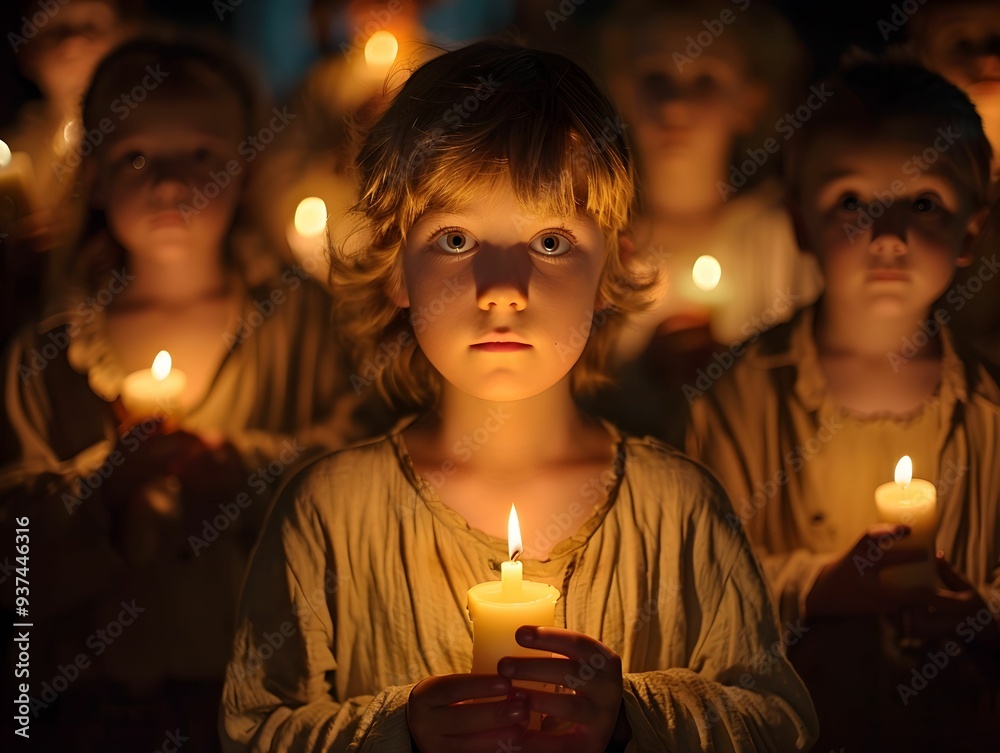 Candlelit gathering of children in historical attire during a nighttime ceremony in a dimly lit environment Candlelit gathering of children in historical attire during a nighttime ceremony in a dimly lit environment