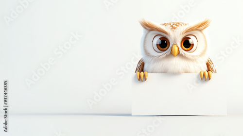 Cute cartoon owl peeking over a blank white sign, perfect for children's projects or educational materials. photo