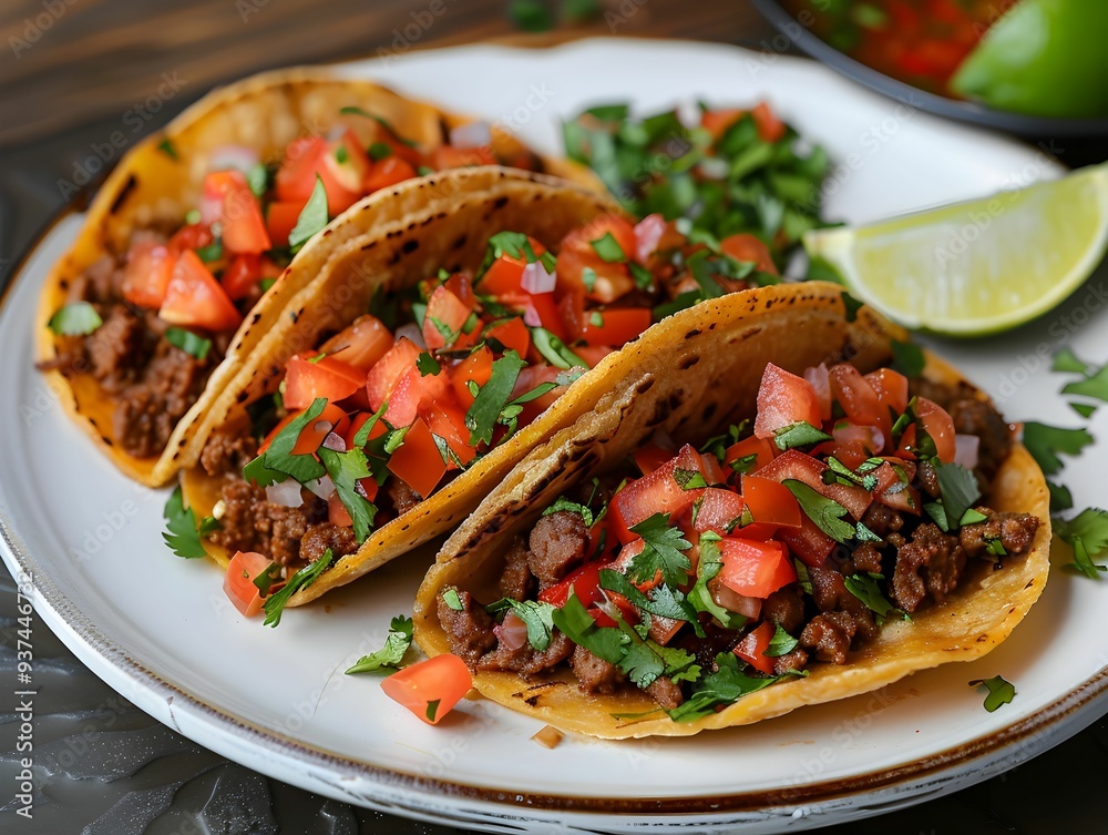 Tasty beef tacos topped with diced tomatoes and cilantro served with lime and salsa on a plate Tasty beef tacos topped with diced tomatoes and cilantro served with lime and salsa on a plate