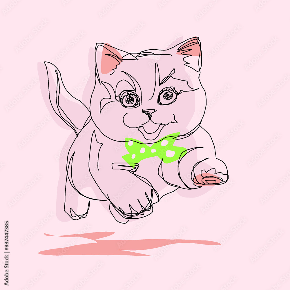 Hand drawn illustrations, line drawings, dancing cats, bow decorations Hand drawn illustrations, line drawings, dancing cats, bow decorations