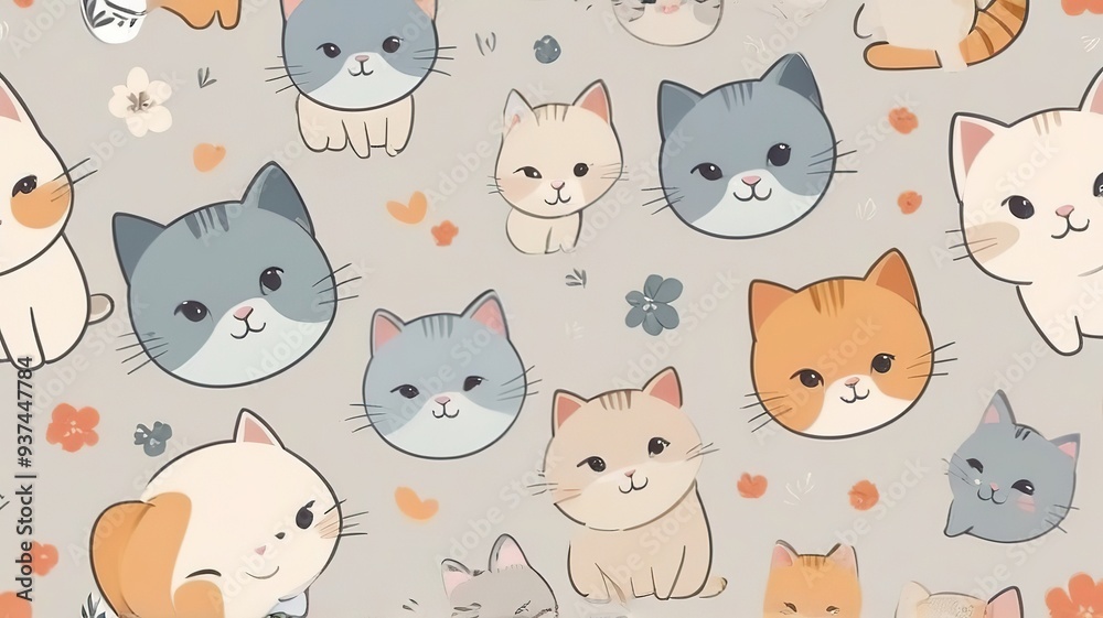 Obraz premium Cute, flat cats in a seamless design, light-colored backdrop.