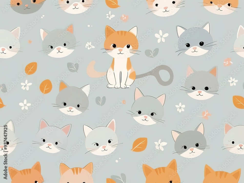 Adorable cartoon cats in a simple, flat pattern on a soft background. Adorable cartoon cats in a simple, flat pattern on a soft background.