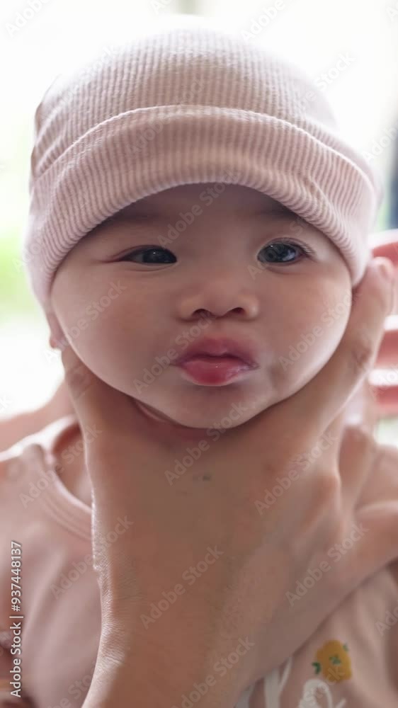 Chinese Malaysian infant girl just a few months old spending time with family in stylish Western style cafe in vertical slow motion video. Chinese Malaysian infant girl just a few months old spending time with family in stylish Western style cafe in vertical slow motion video.