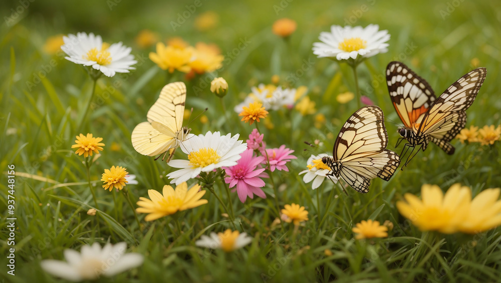 Colorful butterflies flit among bright flowers in a grassy field. Colorful butterflies flit among bright flowers in a grassy field.