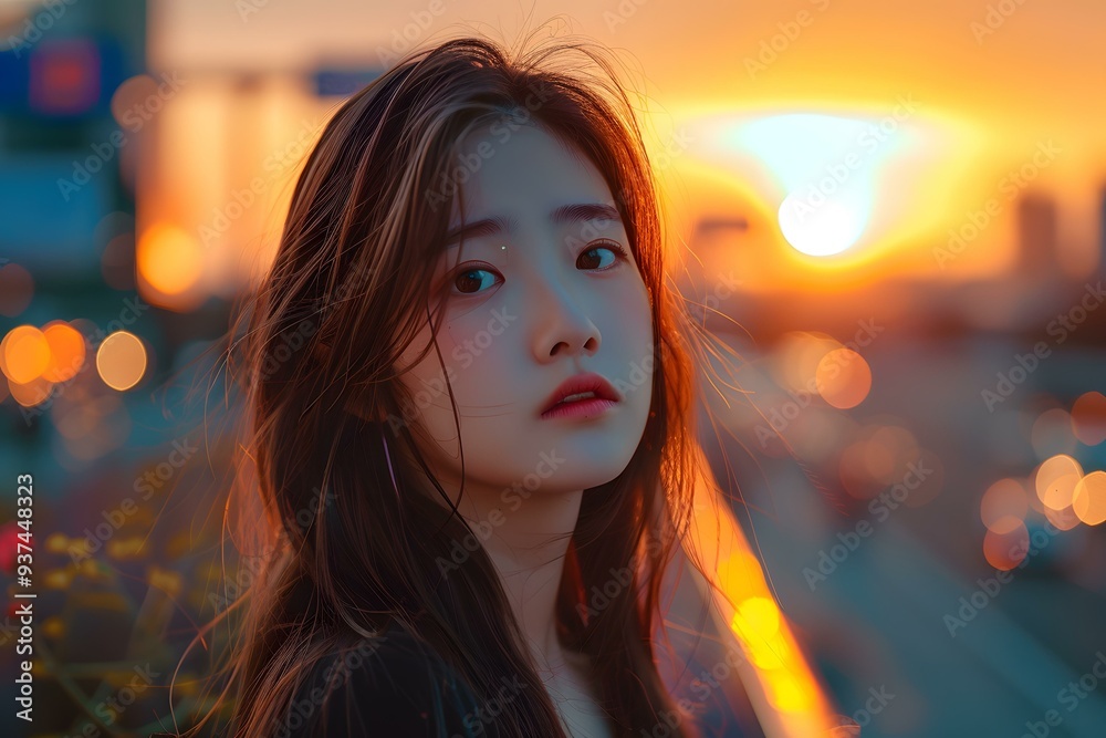 Asian Woman Looking at Sunset