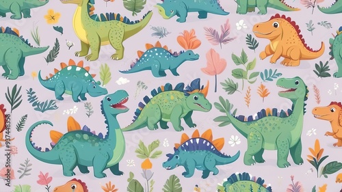 Seamless cute dinosaurs, simple design, soft-colored background.