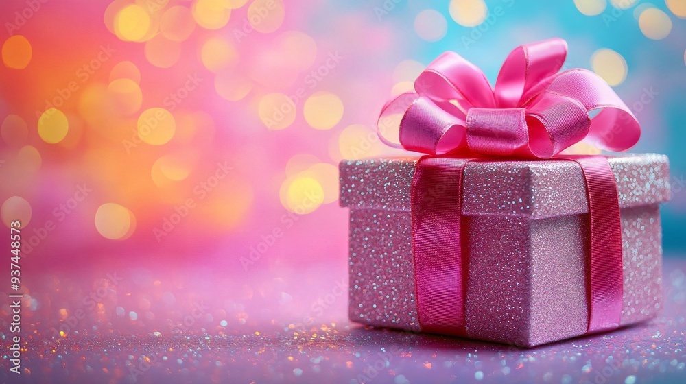 A large, ribbon-wrapped gift box with a giant bow, isolated on a bright, colorful background with dynamic lighting