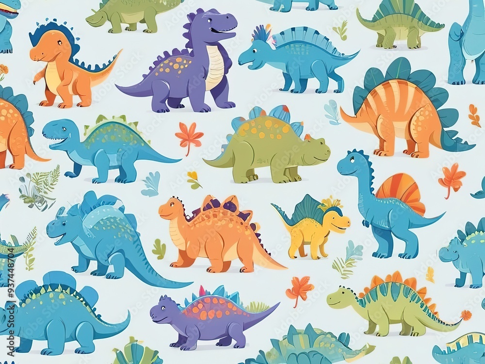 Cute cartoon dynos in a seamless design, light background. Cute cartoon dynos in a seamless design, light background.