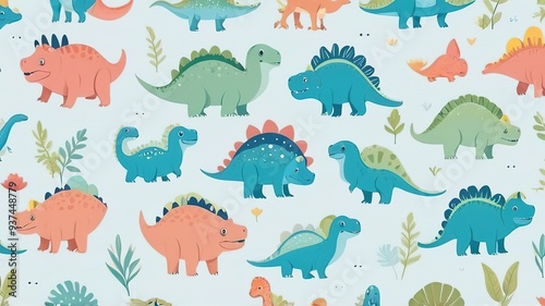 Adorable, simple dinosaur pattern on a soft-colored background.