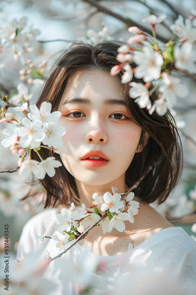 Naklejka premium Beautiful Woman In White Shirt Standing Among Cherry Blossoms
