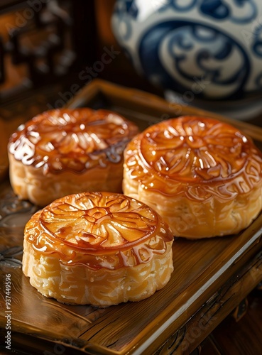 Delicious Chinese Mooncakes on Wooden Tray photo