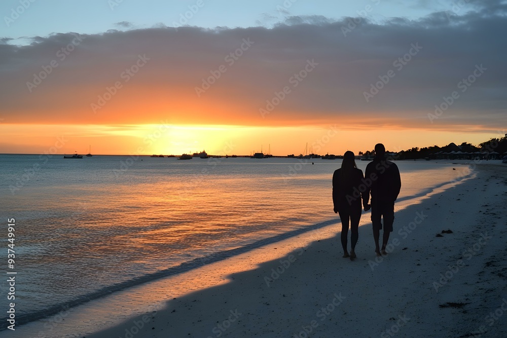 Couple Walking on Beach at Sunset Couple Walking on Beach at Sunset